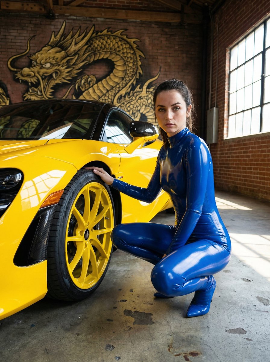 High-Fashion Latex Bodysuit Portraits with Luxury Cars — example 1