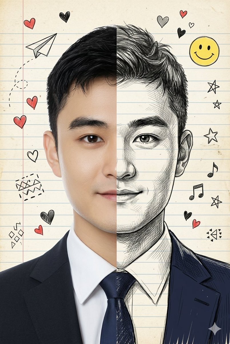 Split-View Mixed-Media Portrait (Photo and Illustration) — example 1