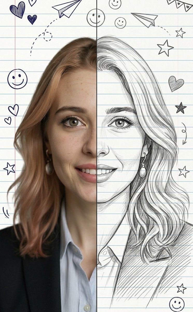 Split-View Mixed-Media Portrait (Photo and Illustration) — example 2