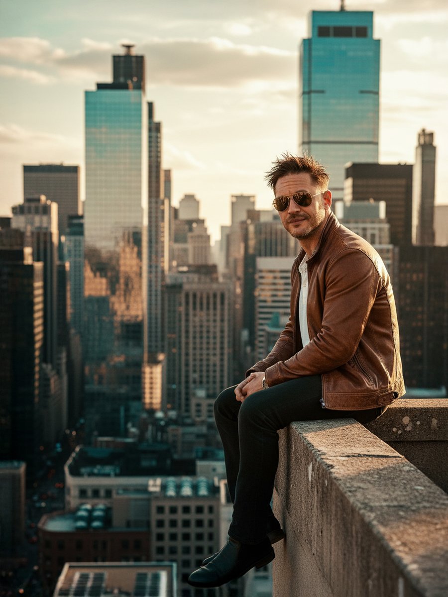 Cinematic Portrait on a Rooftop Ledge at Golden Hour — example 1
