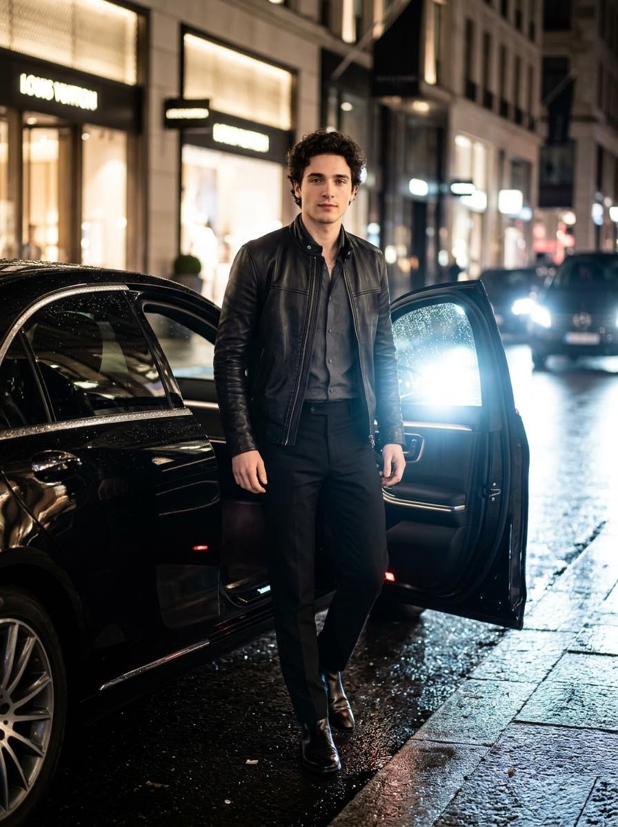 Cinematic Photo Stepping Out of a Luxury Car at Night — example 1