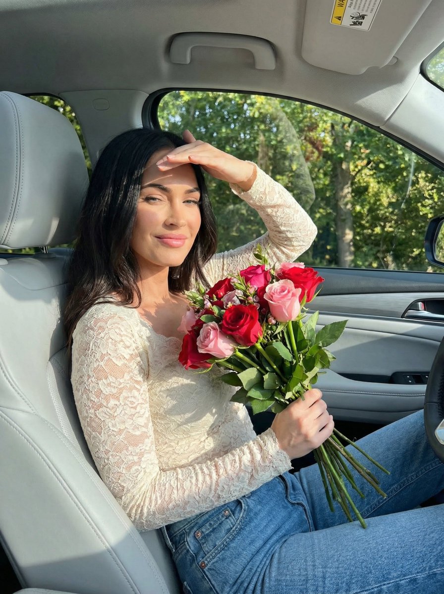 Megan Fox Candid Car Photo with Flowers — example 1