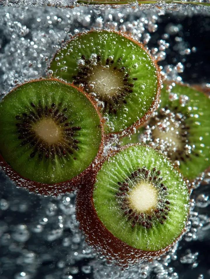 Kiwi Slices in Sparkling Water Macro Shot — example 1