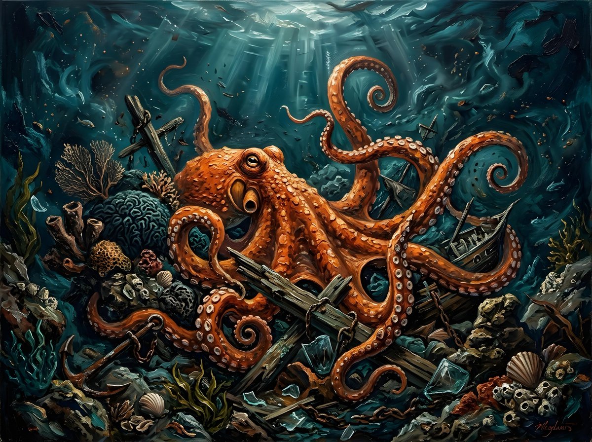 Chaotic Oil Painting of an Octopus — example 1