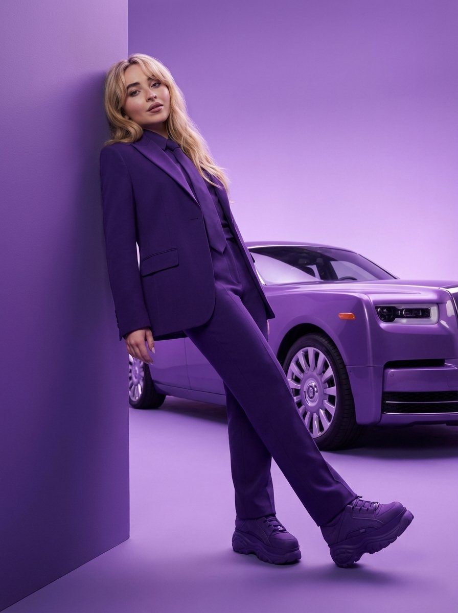 High-Fashion Editorial Portrait with Monochrome Purple Aesthetic — example 1