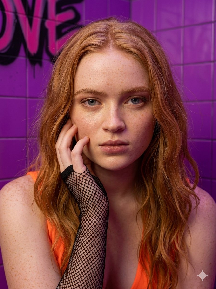 Neon Orange Fashion Portrait of Sadie Sink — example 1
