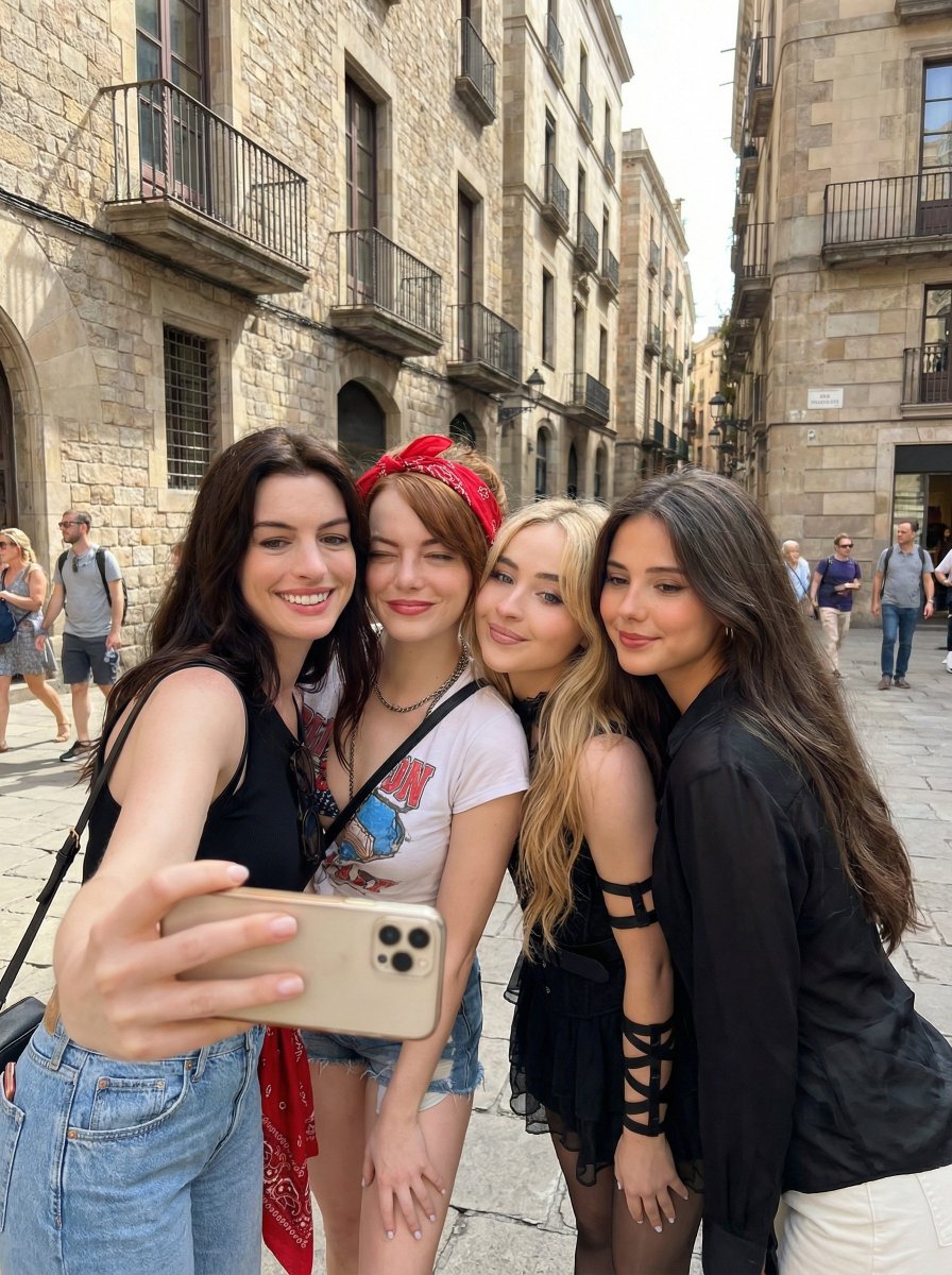 Group Selfie of Four Women in Barcelona — example 1