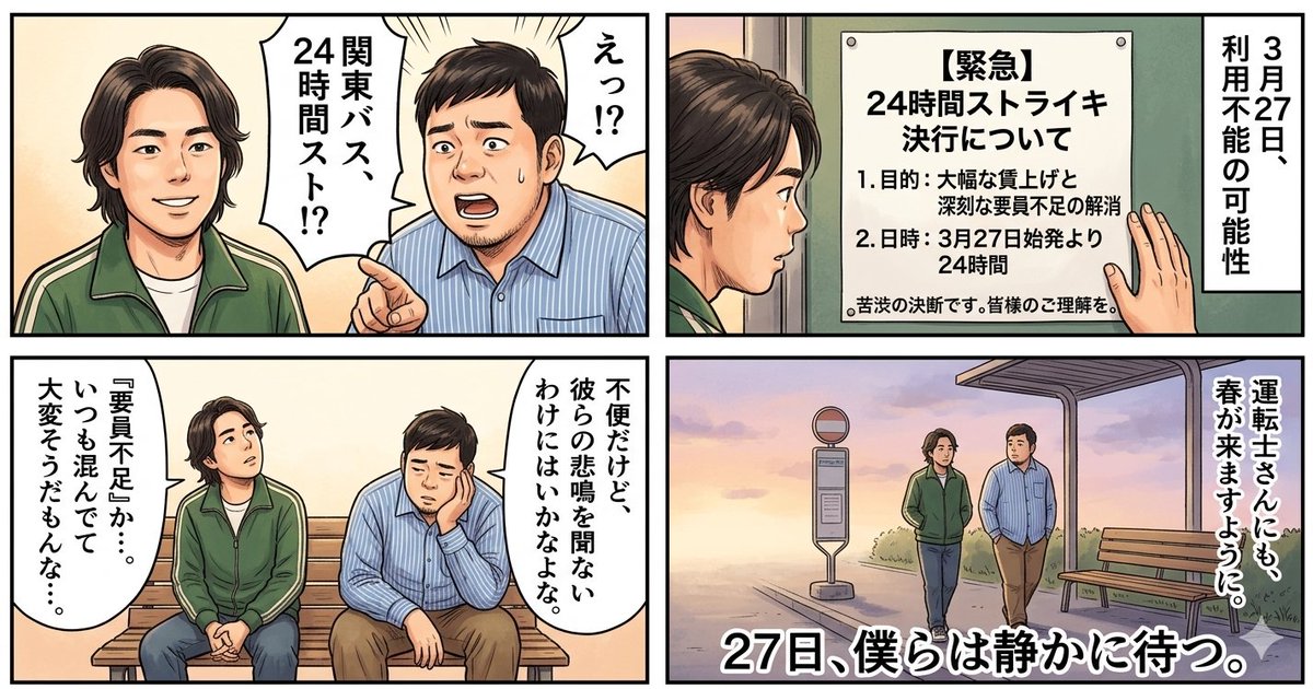 Four-Panel Manga Generation: The Day Our Bus Stops — example 1