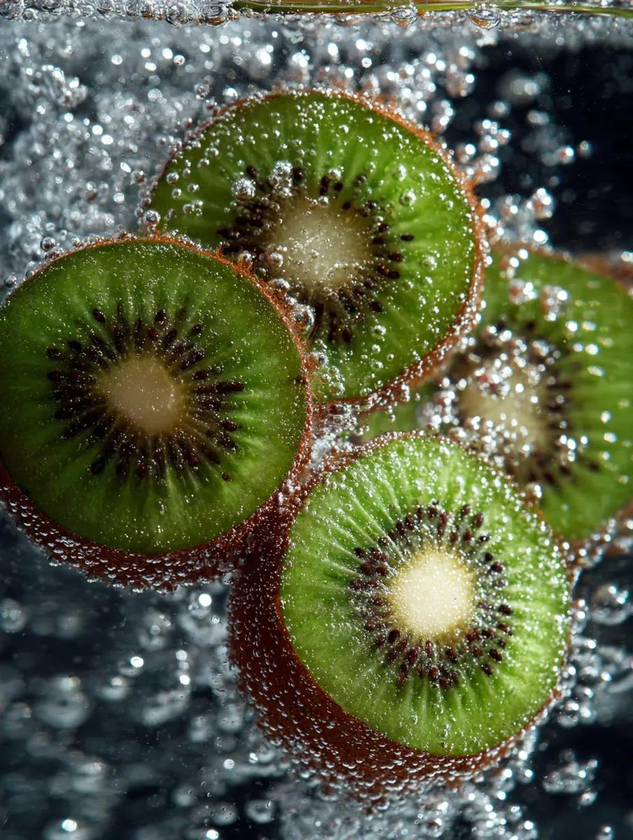 Macro Shot of Kiwi Slices in Sparkling Water — example 1