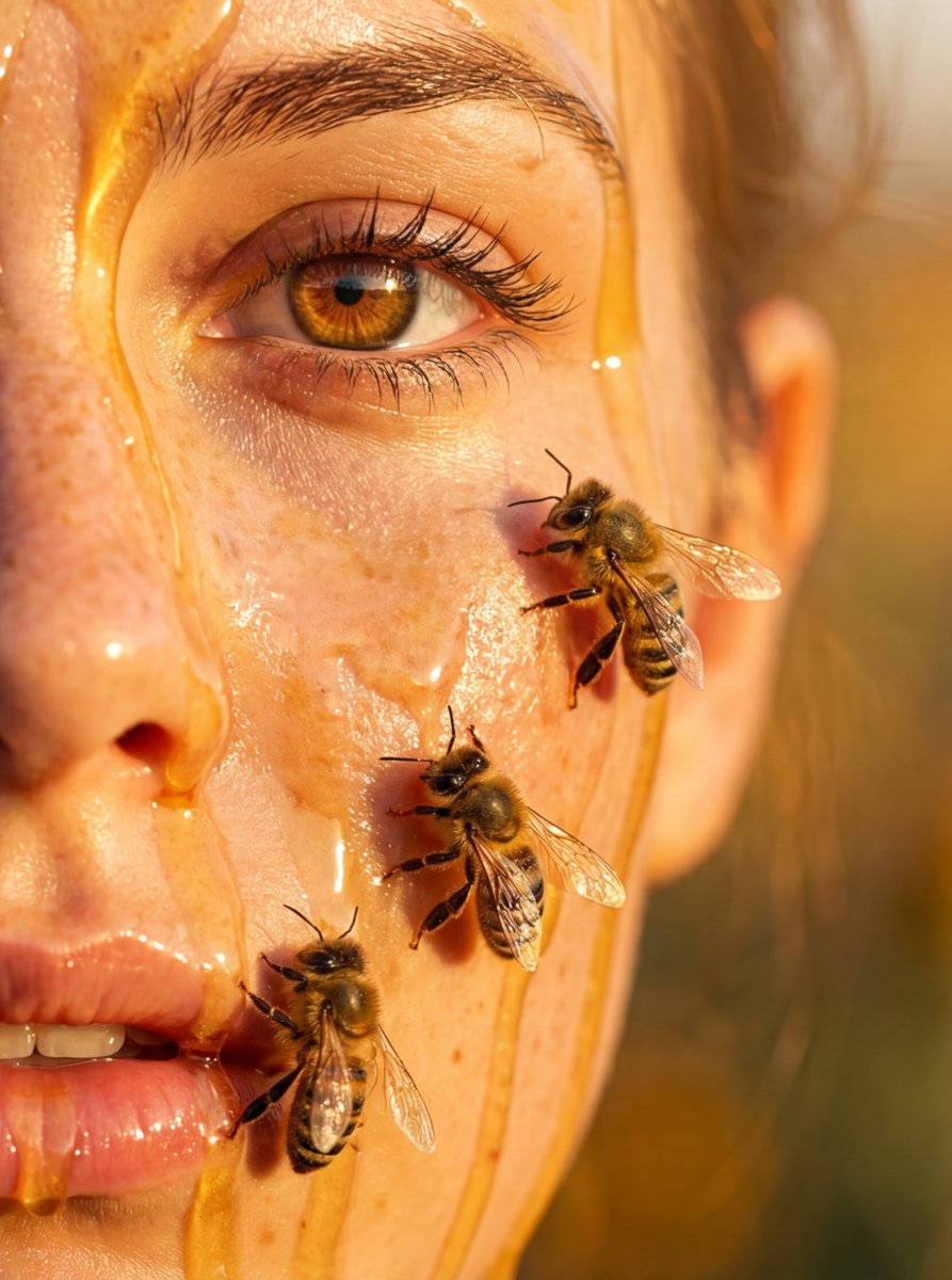 Hyper-real honey-covered woman with bees close-up — example 1