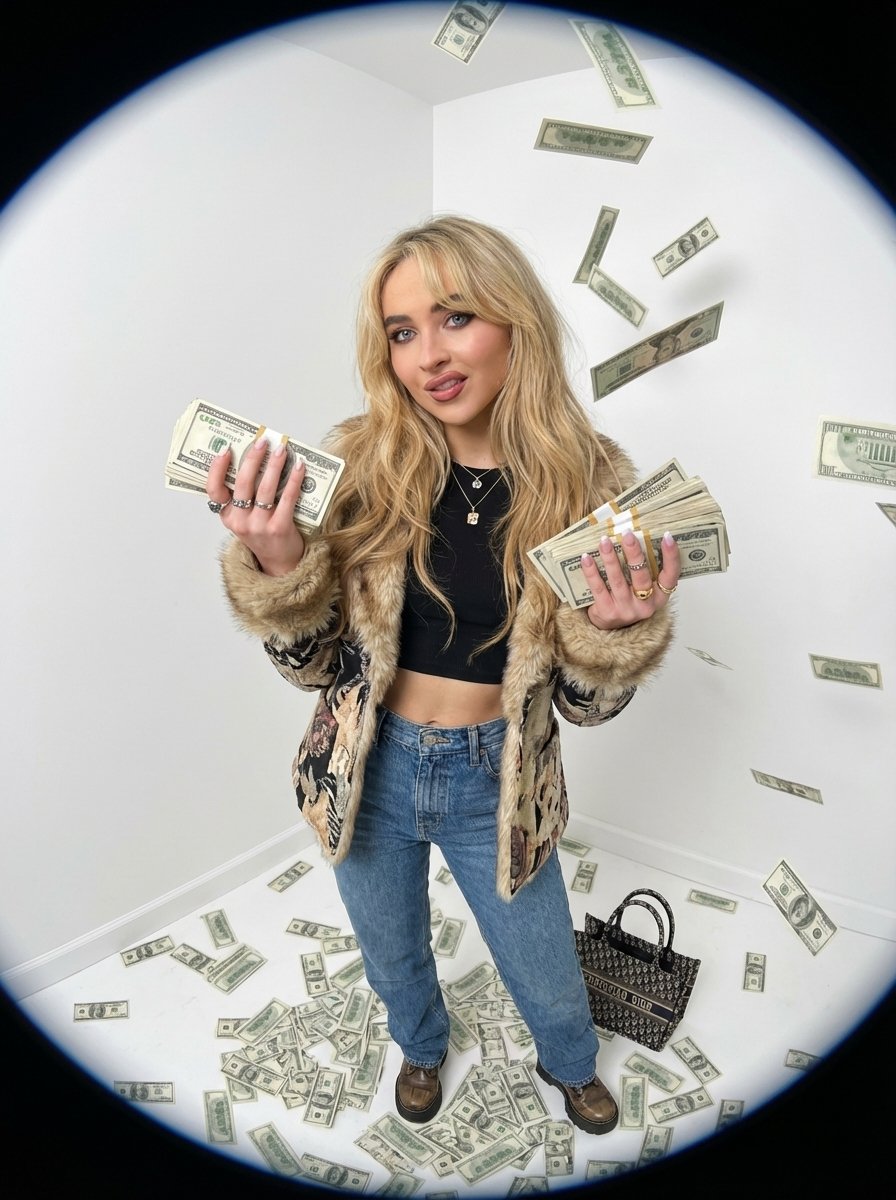 Fisheye portrait with money in a white studio — example 1
