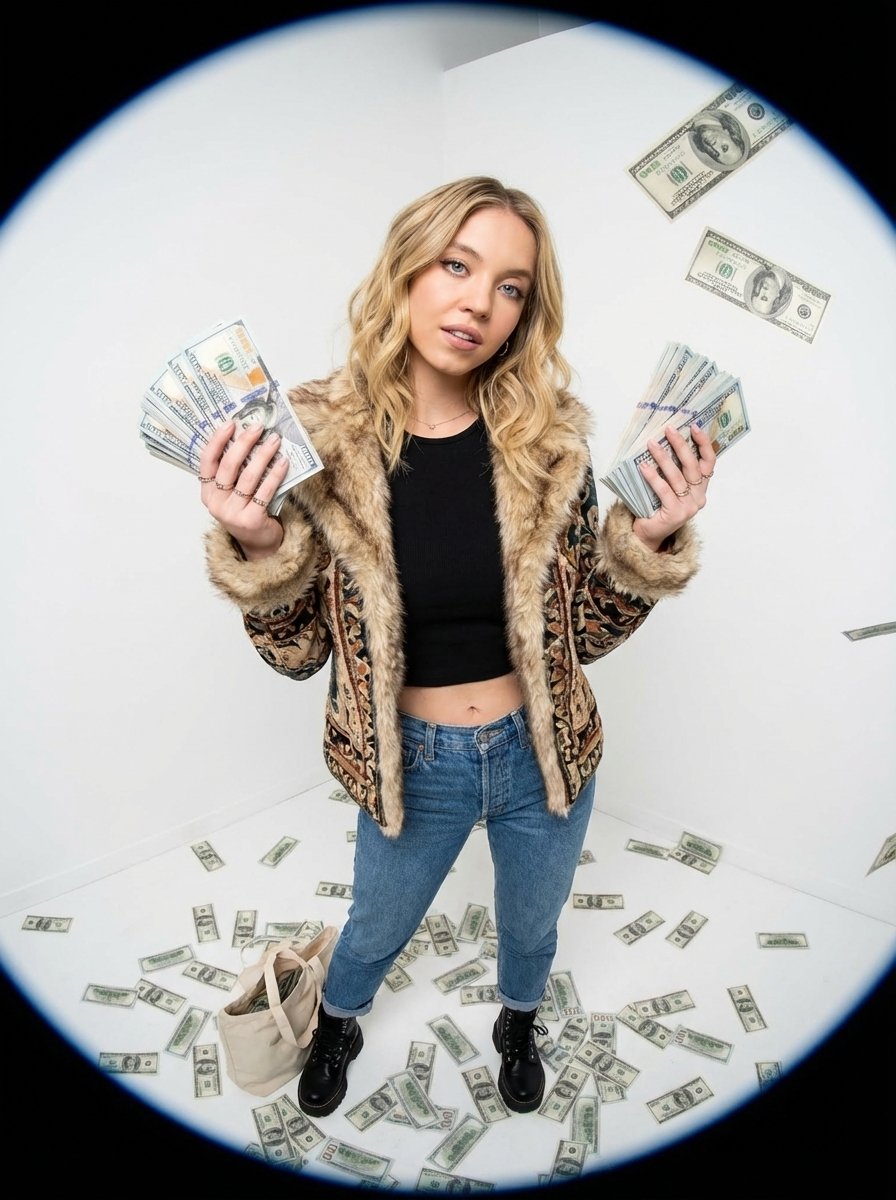 Fisheye portrait with money in a white studio — example 2
