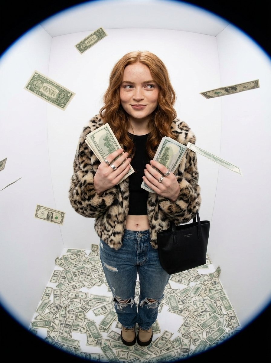 Fisheye portrait with money in a white studio — example 3