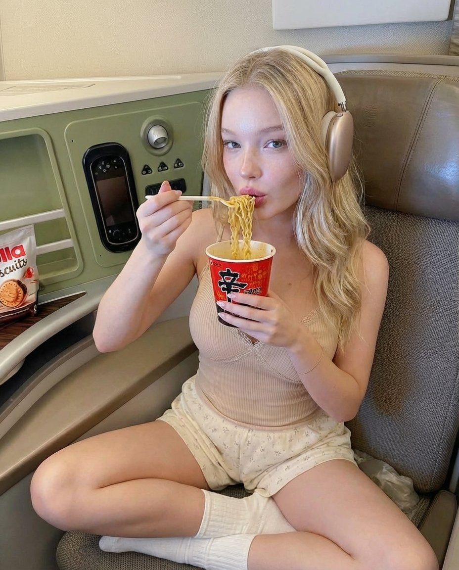 Photorealistic Lifestyle Photo of a Woman Eating Noodles on a Train — example 1