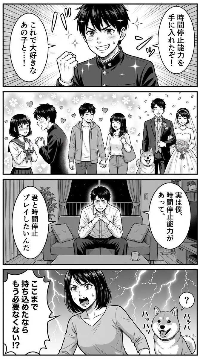 Four-Panel Manga Prompt for Nano Banana Pro: Time Stop Comedy — example 1