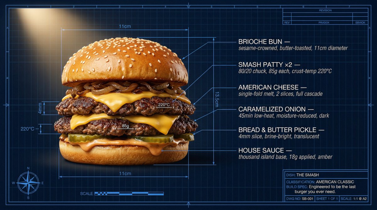 Technical Architectural Blueprint of a Smash Burger — example 1