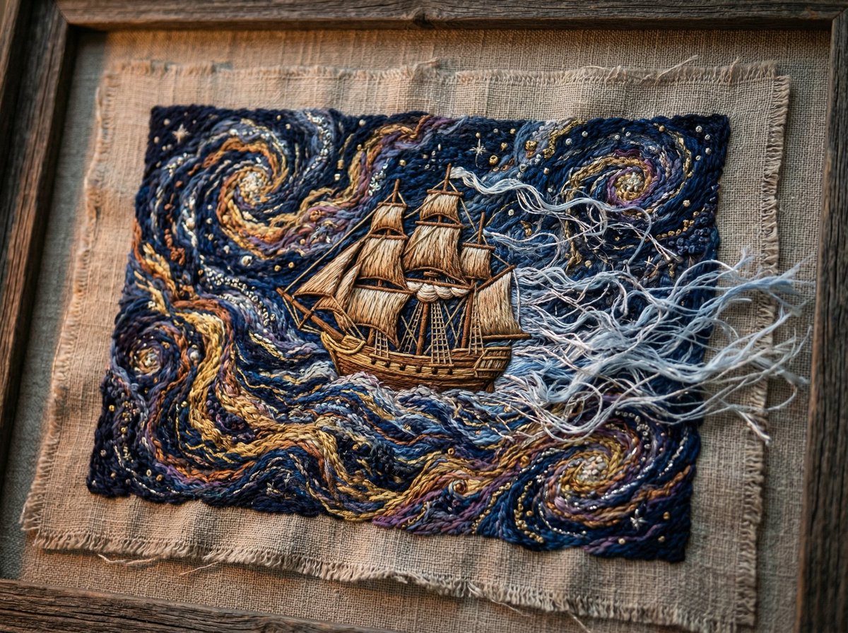 Tactile Embroidered Tapestry of a Ship in Nebulae — example 2