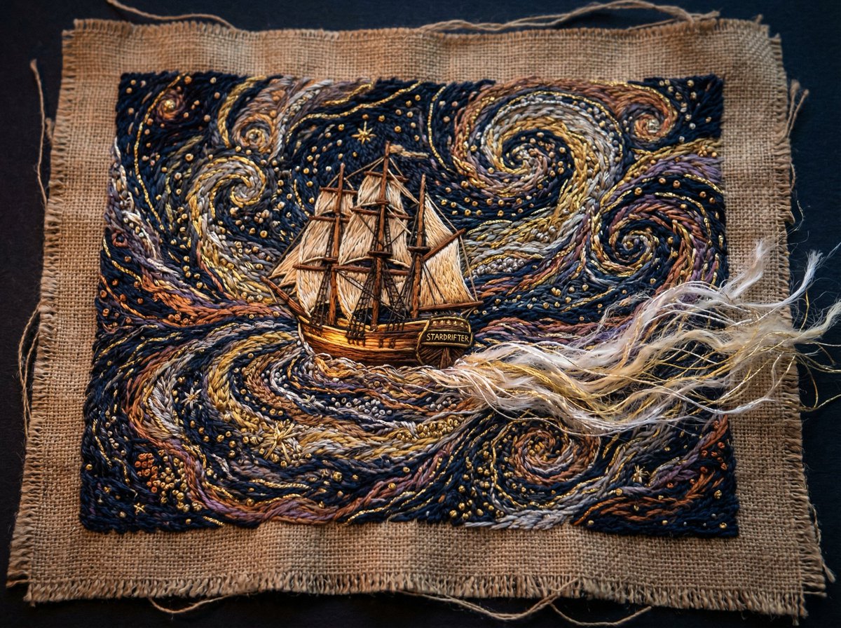 Tactile Embroidered Tapestry of a Ship in Nebulae — example 3