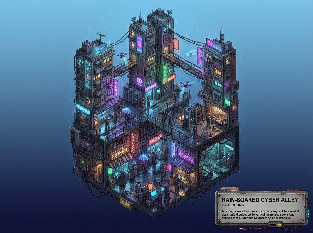Whimsical Cyberpunk Alley Network — example 1