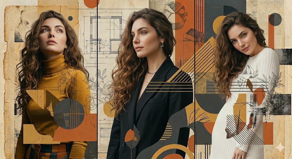 Three-Panel Mixed-Media Fashion Composition — example 1