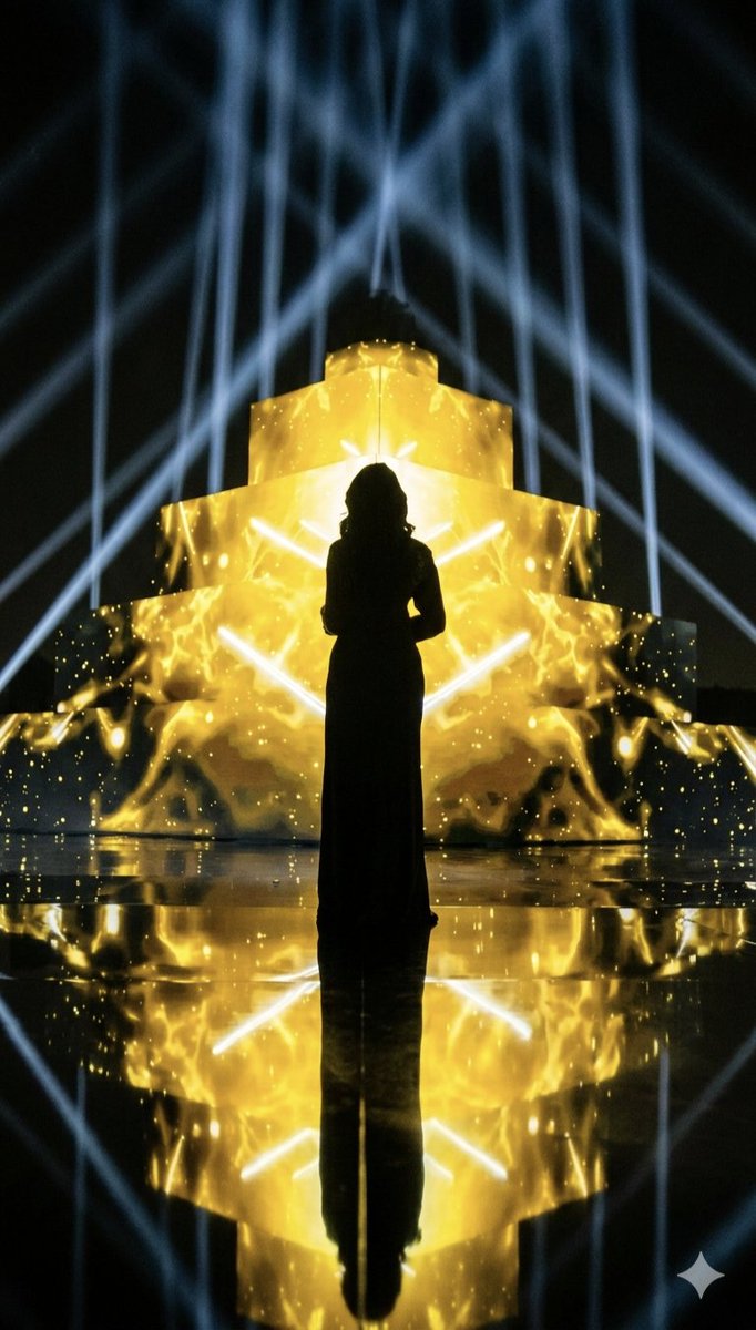 Dramatic Silhouette on Golden Pyramid Stage — example 1