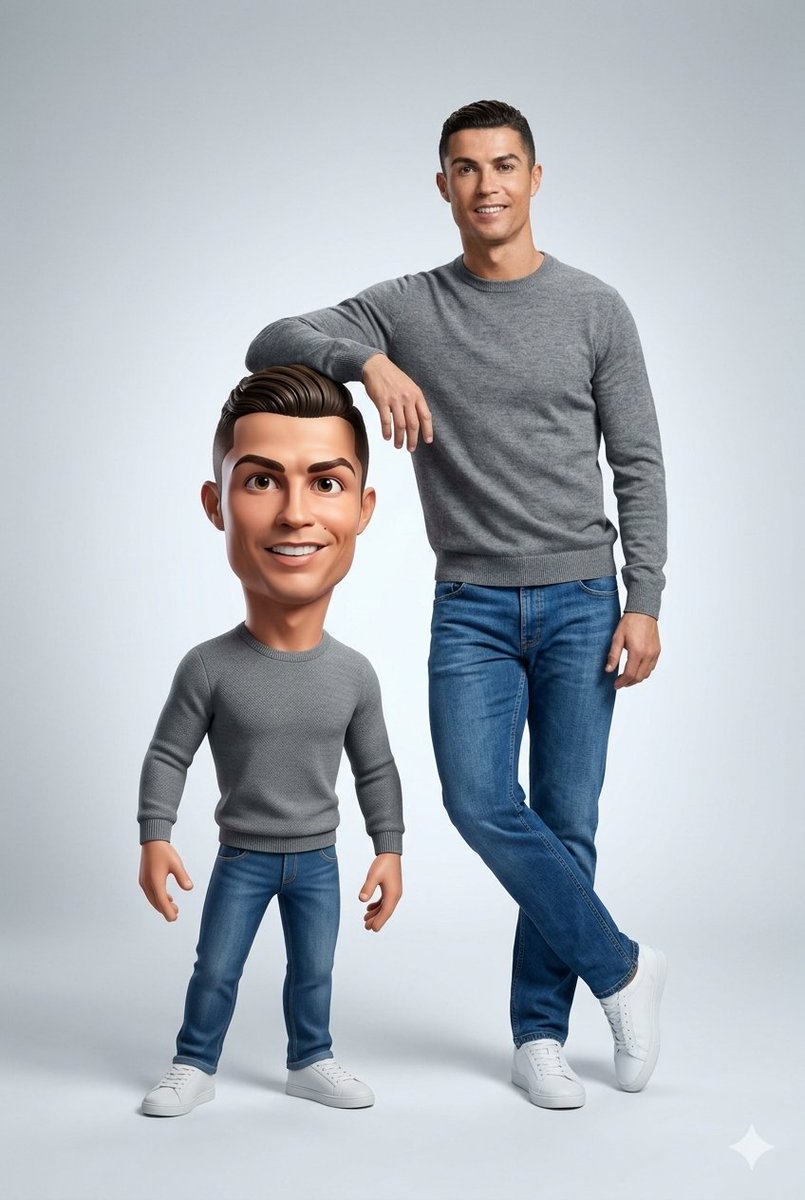 Ultra-Clean Realistic Human and Stylized 3D Caricature Composition Prompt — example 1
