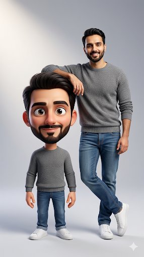 Ultra-Clean Realistic Human and Stylized 3D Caricature Composition Prompt — example 2