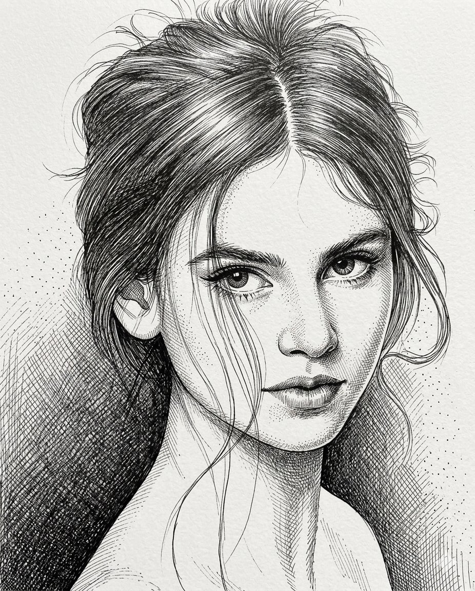 High-Contrast Pen and Ink Portrait — example 1