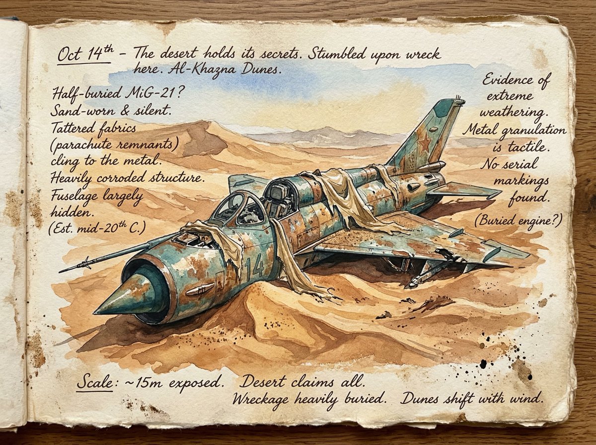 Loose Watercolor of a Half-Buried Fighter Jet in Desert Dunes — example 1
