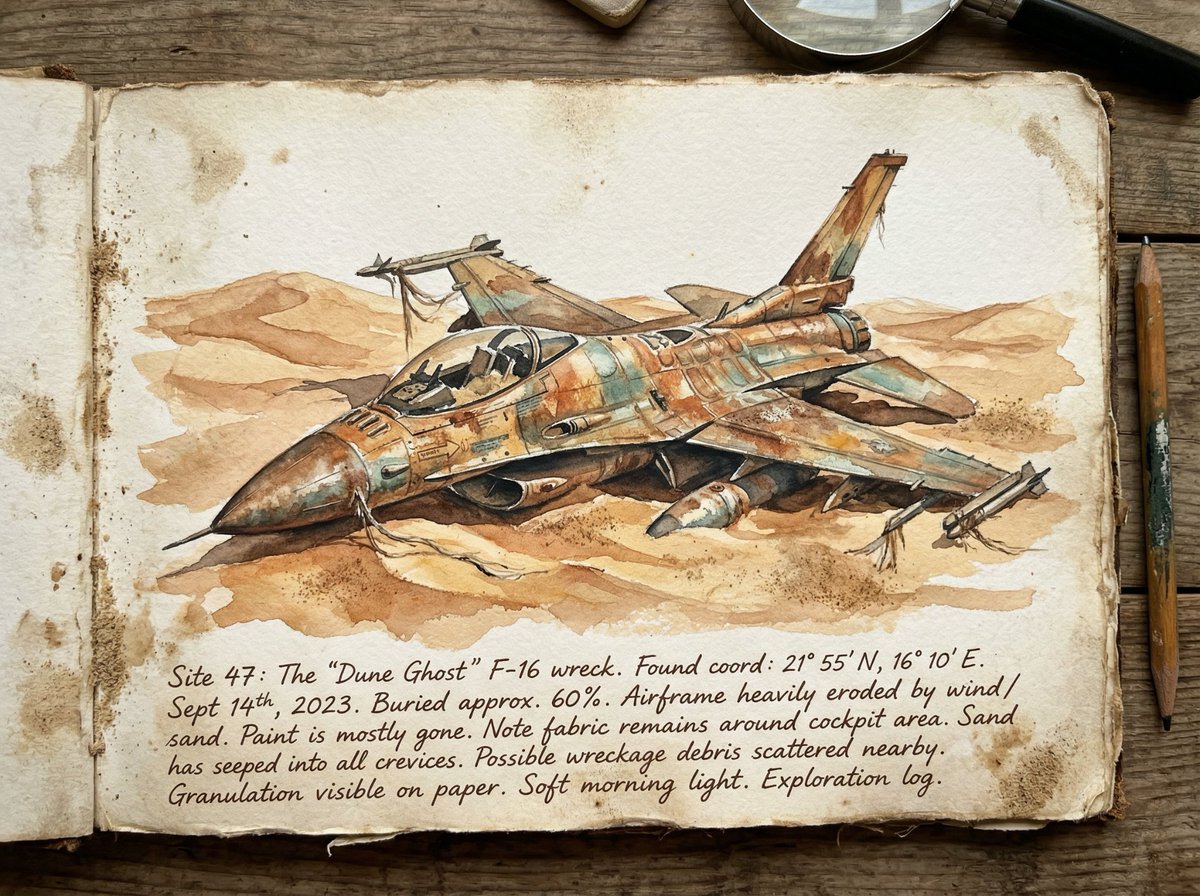 Loose Watercolor of a Half-Buried Fighter Jet in Desert Dunes — example 2