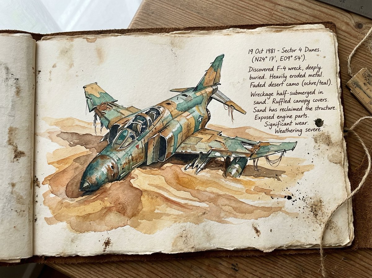 Loose Watercolor of a Half-Buried Fighter Jet in Desert Dunes — example 3