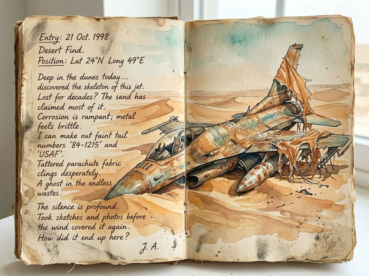 Loose Watercolor of a Half-Buried Fighter Jet in Desert Dunes — example 4