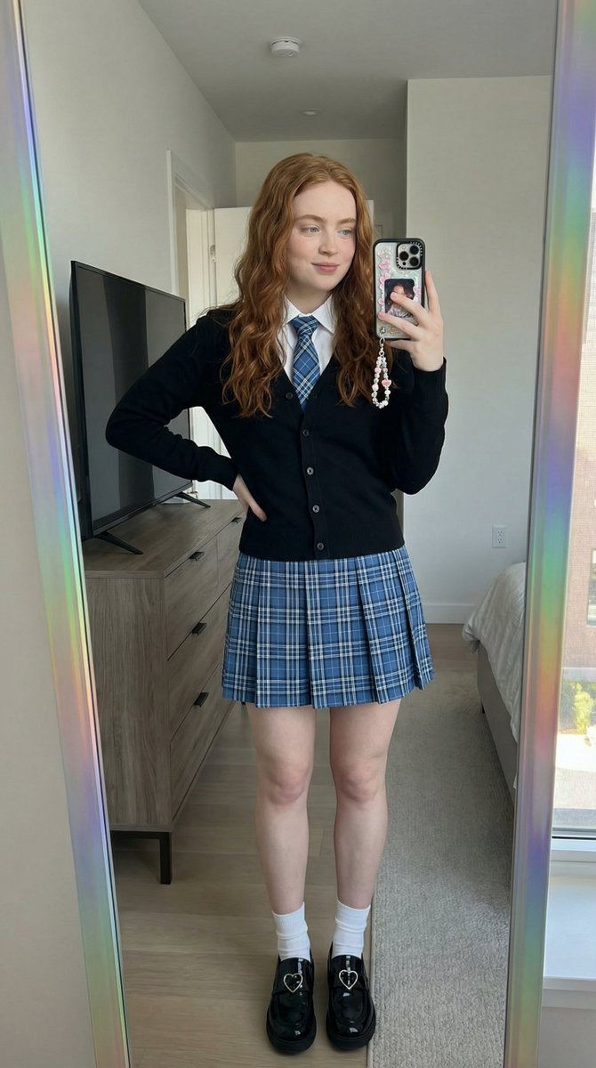 Mirror Selfie with Strict Identity Lock in Preppy School Outfit — example 2