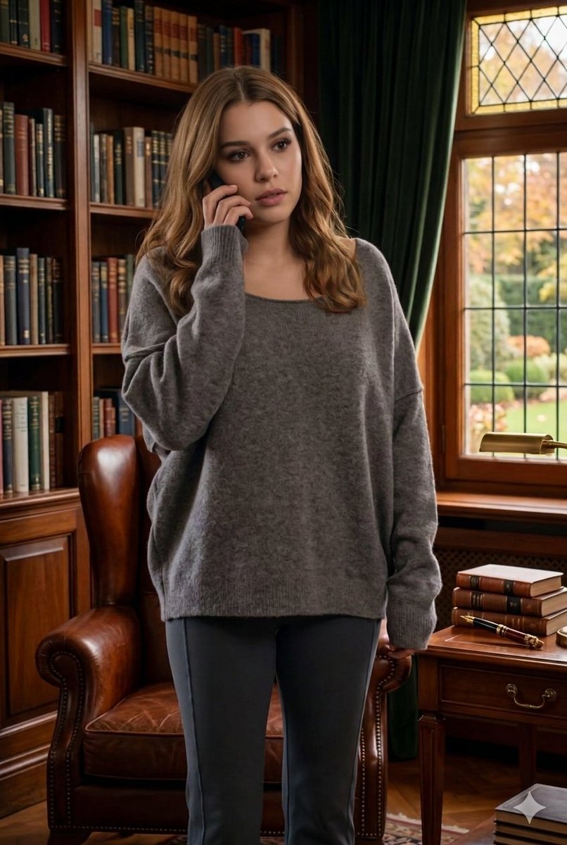 Cinematic Library Scene with Woman on Phone — example 1