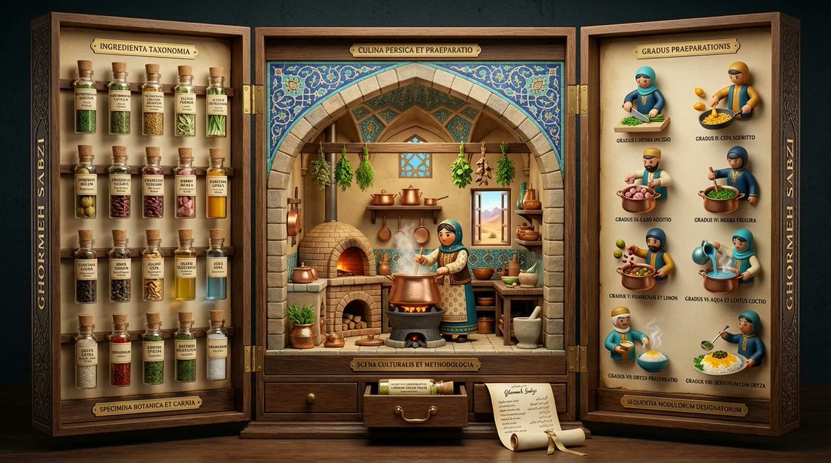 Medieval Altarpiece Display of Ghormeh Sabzi — example 1