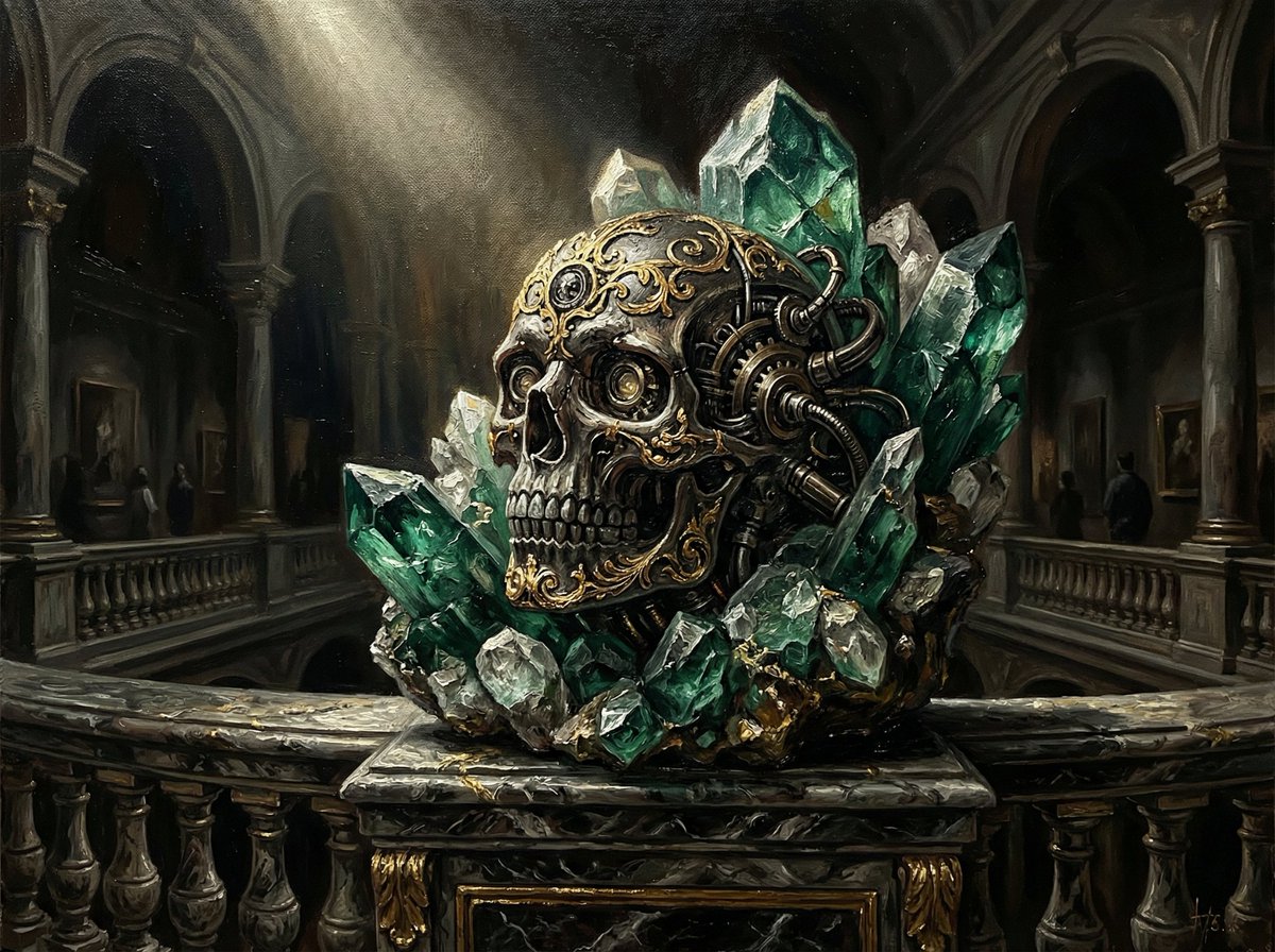 Dramatic Chiaroscuro Oil Painting of Biomechanical Skull — example 1