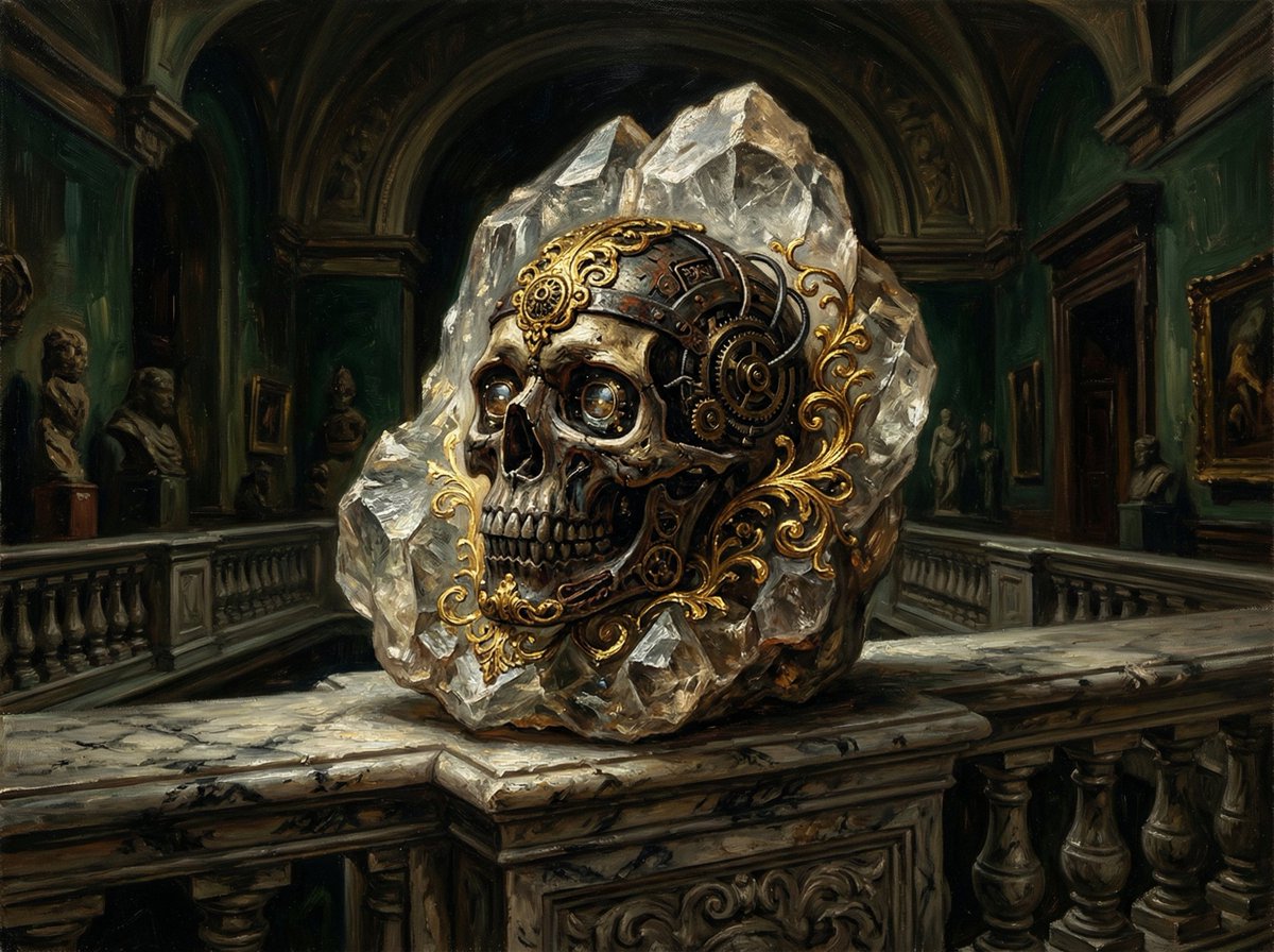 Dramatic Chiaroscuro Oil Painting of Biomechanical Skull — example 2