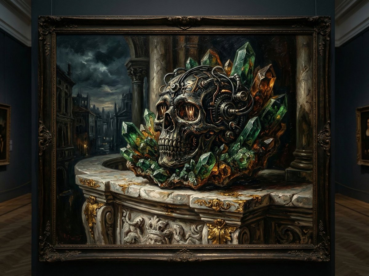 Dramatic Chiaroscuro Oil Painting of Biomechanical Skull — example 3