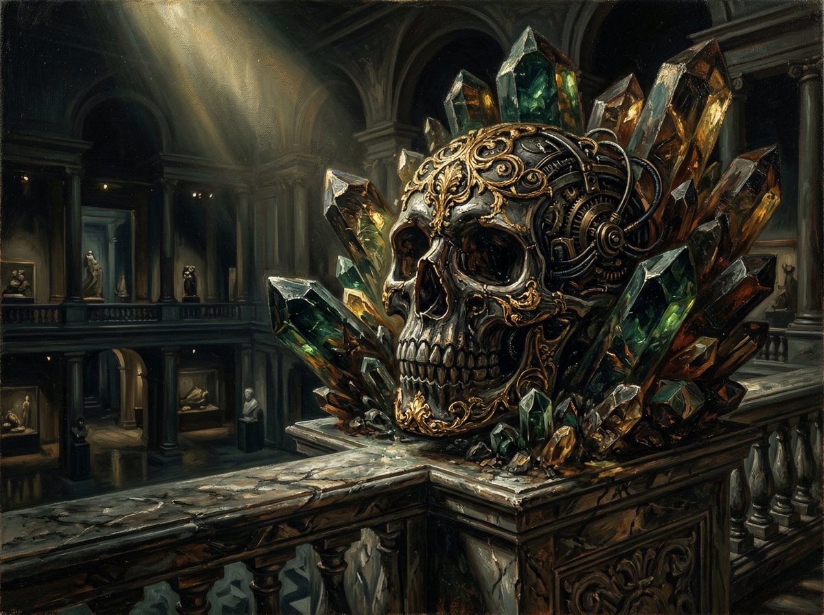 Dramatic Chiaroscuro Oil Painting of Biomechanical Skull — example 4