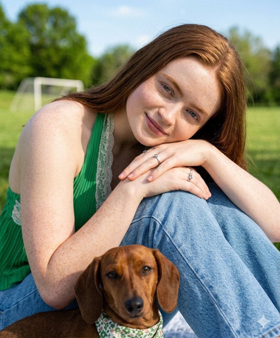 Sadie Sink Lookalike with Dachshund in Park — example 1