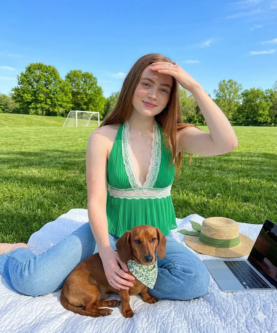 Sadie Sink Lookalike with Dachshund in Park — example 2