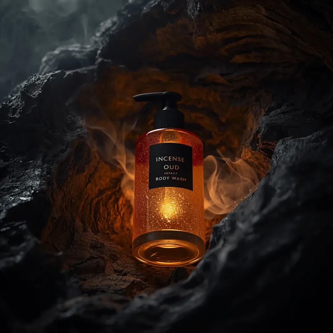 Ultra-Realistic Product Shot of Incense Oud Body Wash — example 1