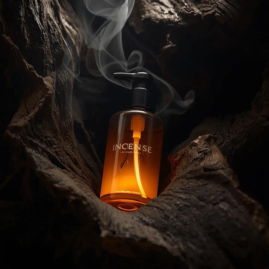 Ultra-Realistic Product Shot of Incense Oud Body Wash — example 2