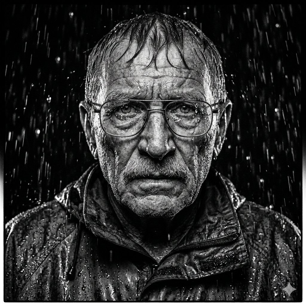 Monochrome Portrait of Elderly Man in Heavy Rain — example 2