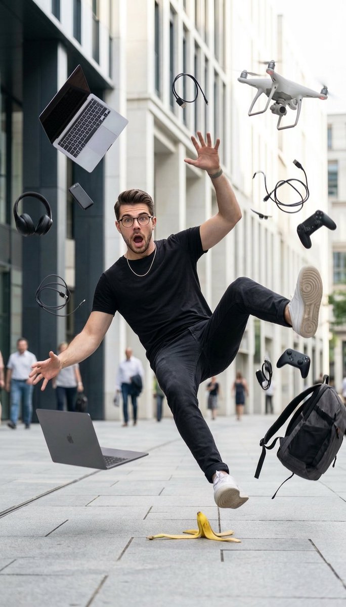 Cinematic Street Photography of Man Slipping on Banana Peel — example 1