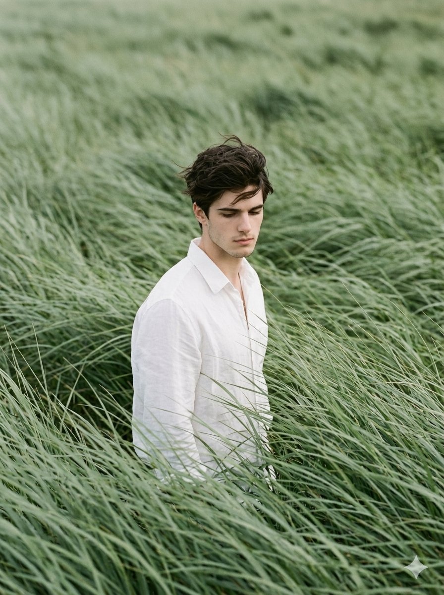 Cinematic Editorial Portrait in Sage Green Grass Fields — example 1