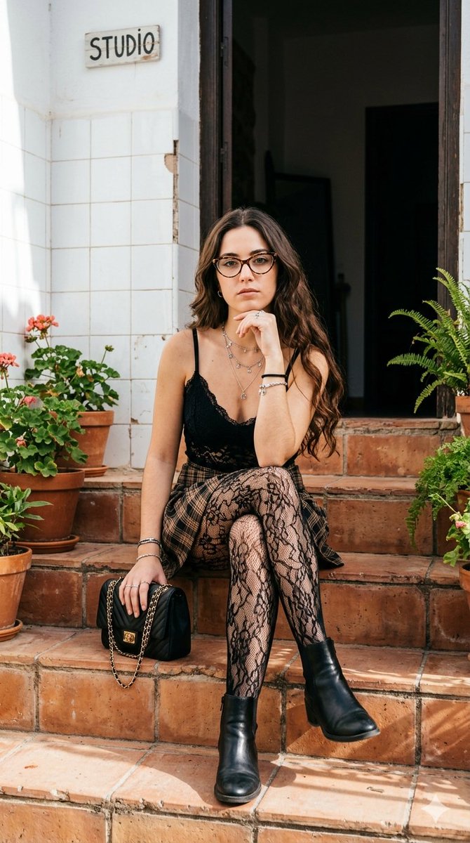 Portrait of Woman on Steps with Detailed Outfit — example 1