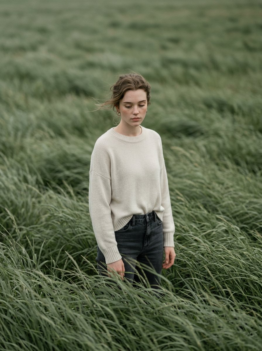 Cinematic Portrait in Sage-Green Grass Field — example 1