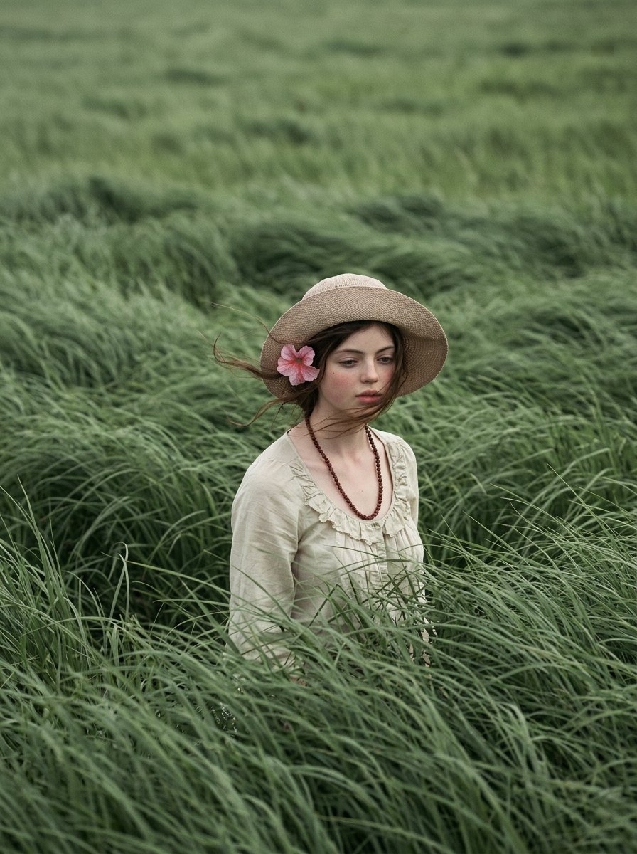 Cinematic Portrait in Sage-Green Grass Field — example 2
