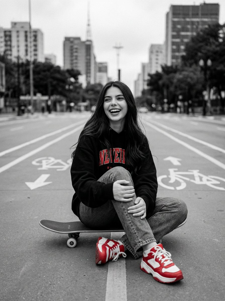 Cinematic Black, White, and Red Street Photography Portrait — example 1